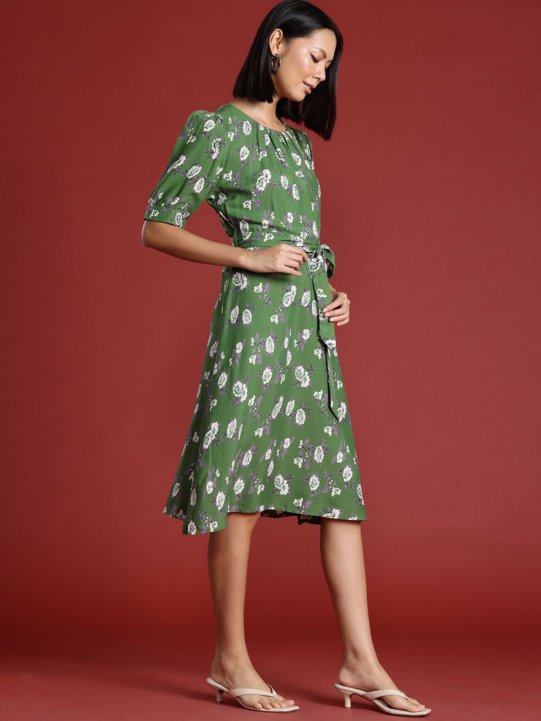 all about you Floral Print Puff Sleeves A-Line Dress with Belt