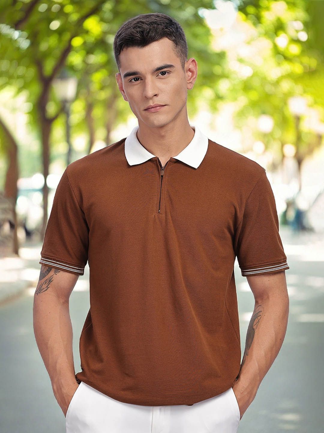 ADRO Lelaki Solid Polo Collar Cotton T-shirt