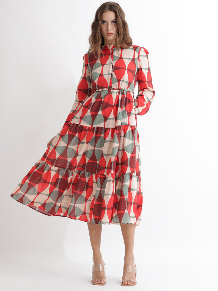 Rareism dicetak Puff Sleeves Cotton Fit & Flare Midi Dress