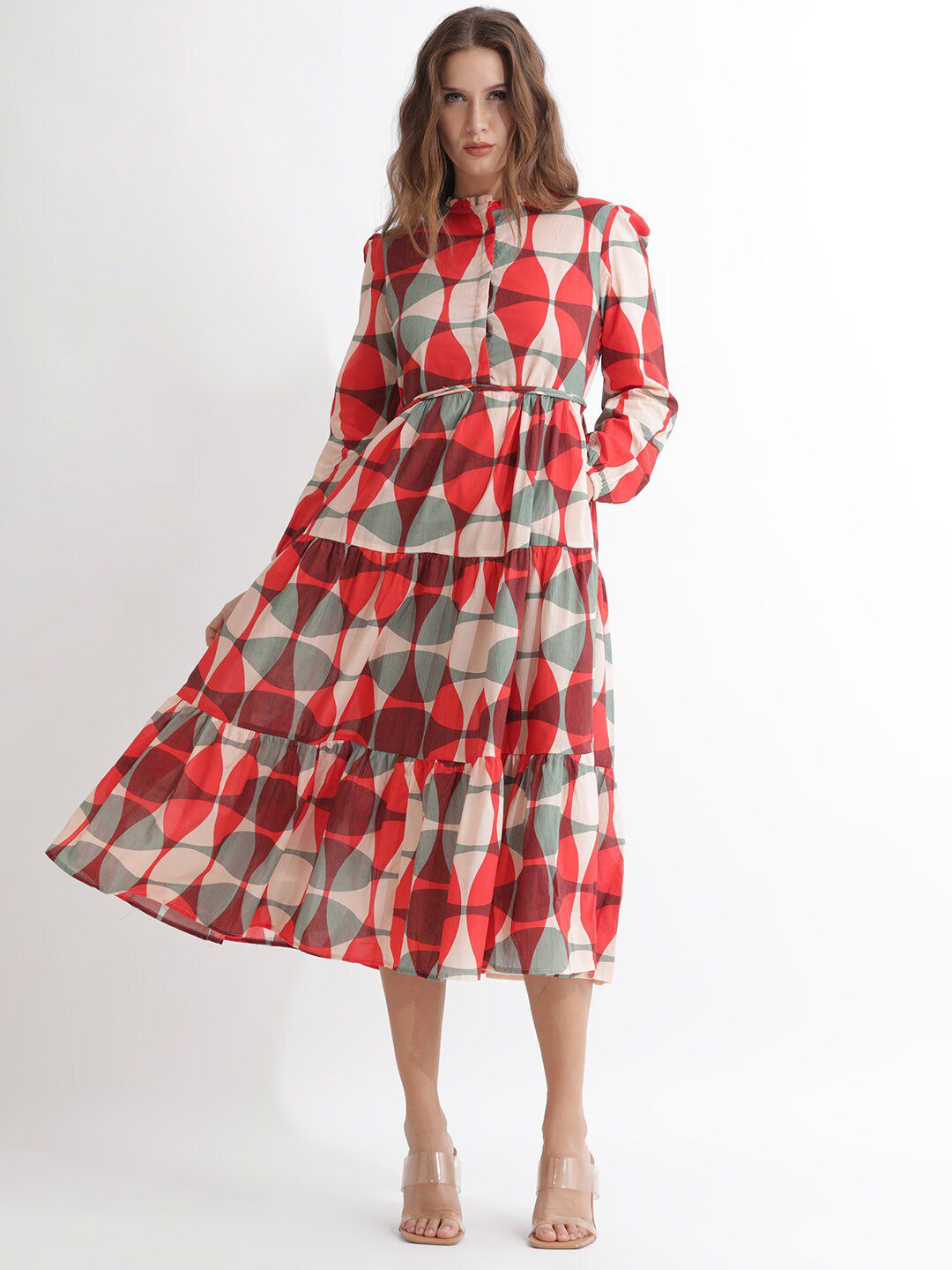Rareism dicetak Puff Sleeves Cotton Fit & Flare Midi Dress