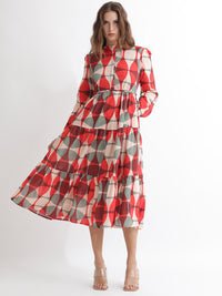 Rareism dicetak Puff Sleeves Cotton Fit & Flare Midi Dress