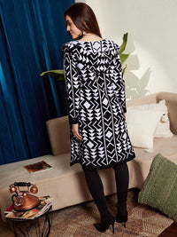 Berrylush Black & White Geometric Printed Hooded Longline Front Open Sweater
