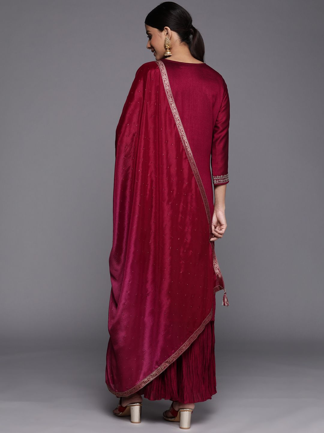 Libas Women Fuchsia Floral Yoke Design Kurta with Sharara & With Dupatta
