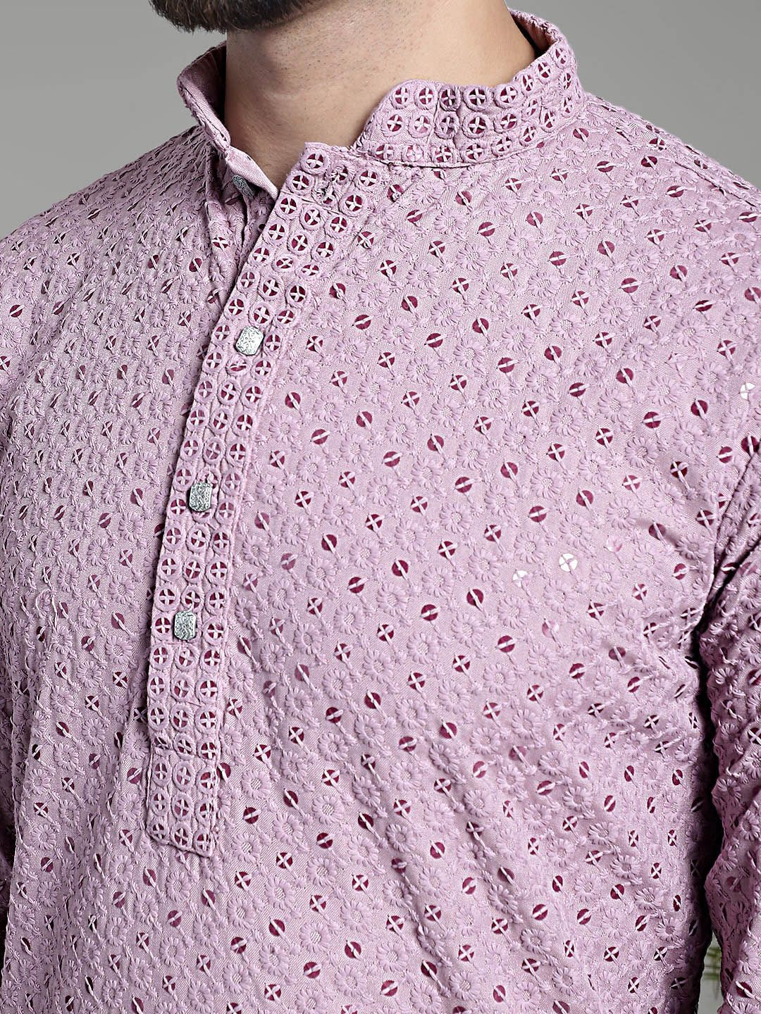 Jompers Ethnic Motifs Embroidered Chikankari Sequinned Pure Cotton Kurta With Churidar
