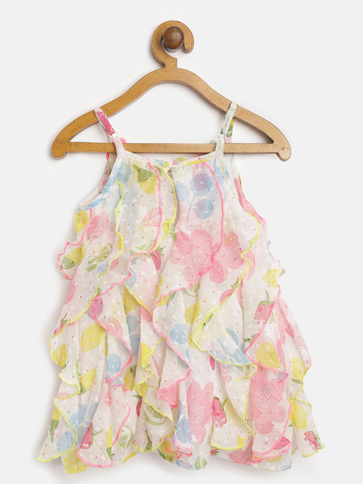 Nauti Nati Girls White & Pink Printed A-Line Dress with Ruffle Detail