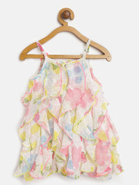 Nauti Nati Girls White & Pink Printed A-Line Dress with Ruffle Detail
