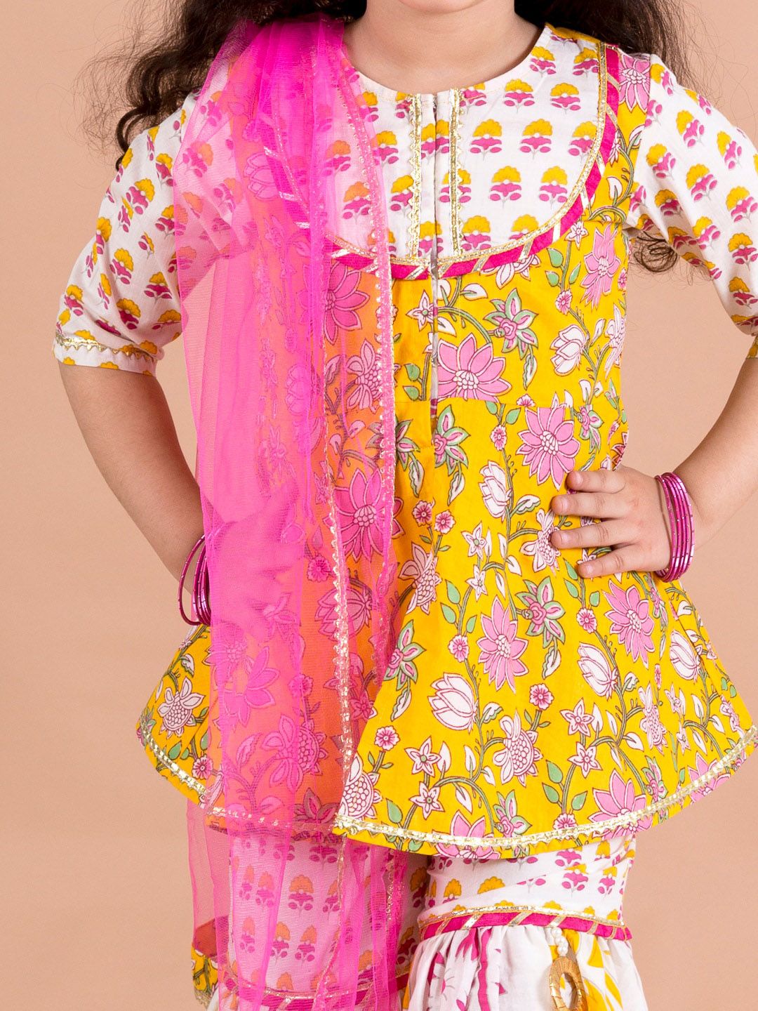 pspeaches Girls Yellow Floral Printed Pure Cotton Kurti with Sharara & With Dupatta