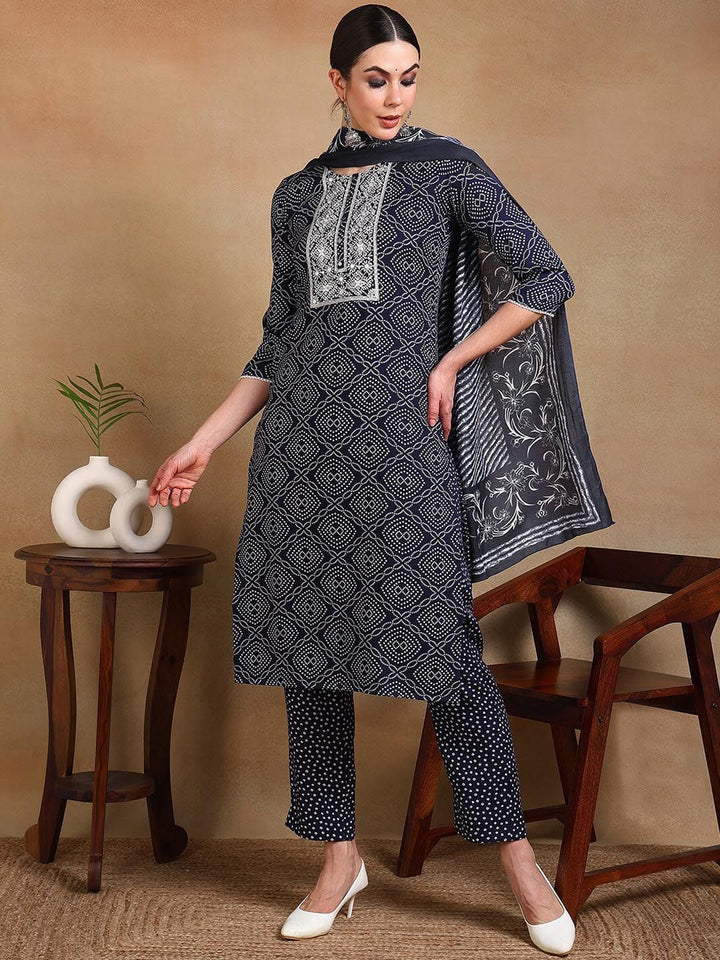 KALINI Women Bandhani Printed Regular Thread Work Kurta with Trousers & With Dupatta