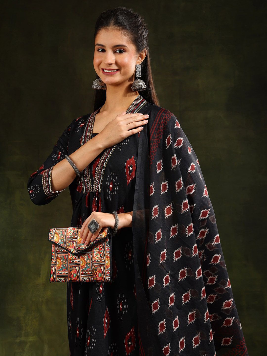 KALINI Floral Printed V-Neck Pleated A-Line Kurta With Trouser And Dupatta