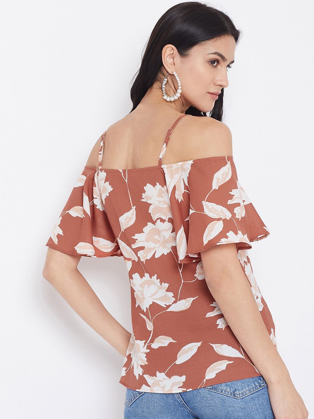 Berrylush Women Brown Printed Bardot Top