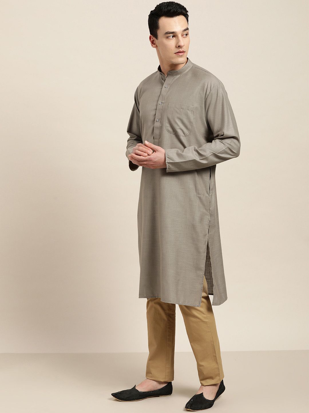 SOJANYA Men Grey Solid Straight Kurta