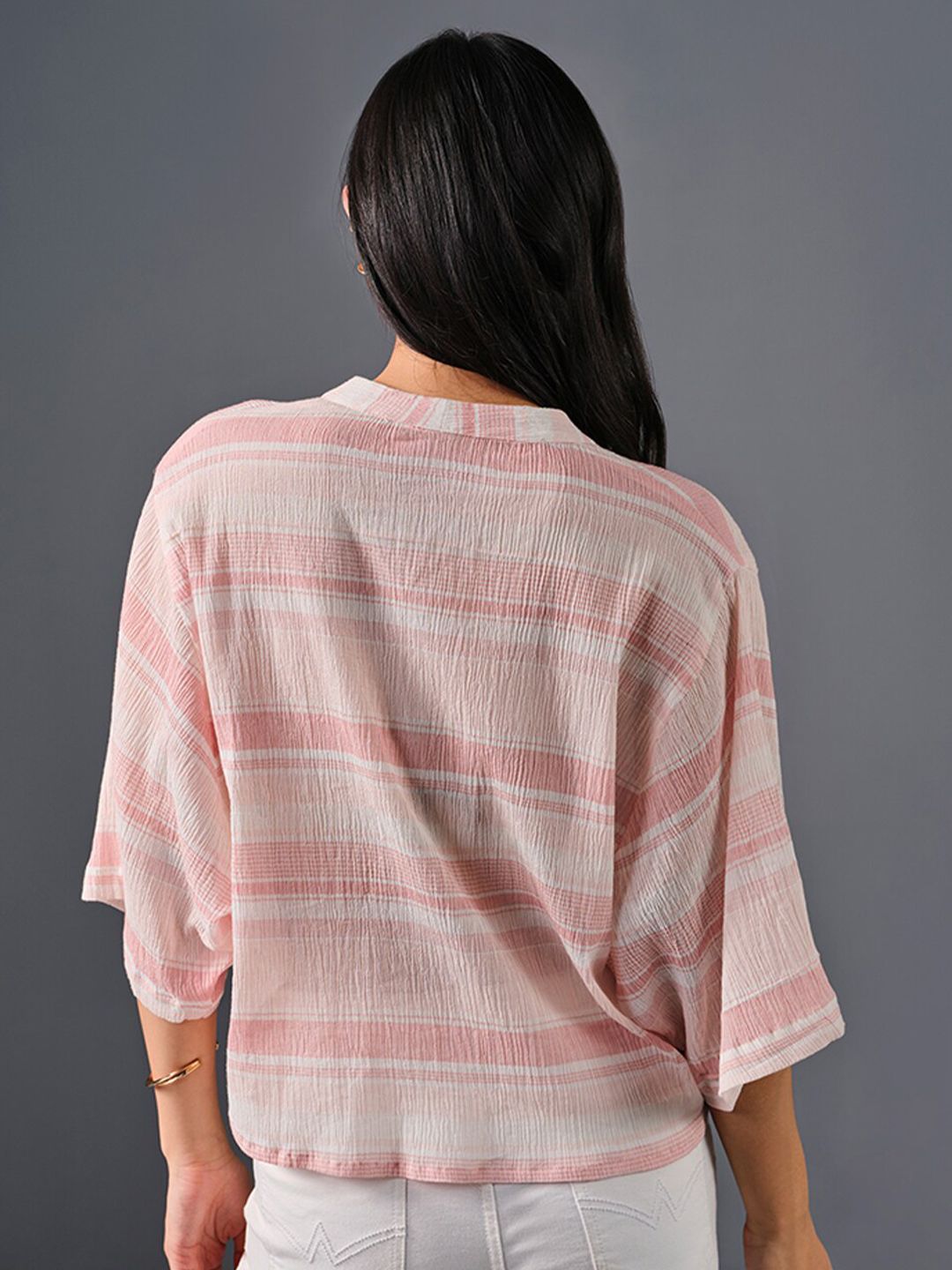 AND Verical Striped V-Neck Drop-Shoulder Sleeves Shirt Style Top