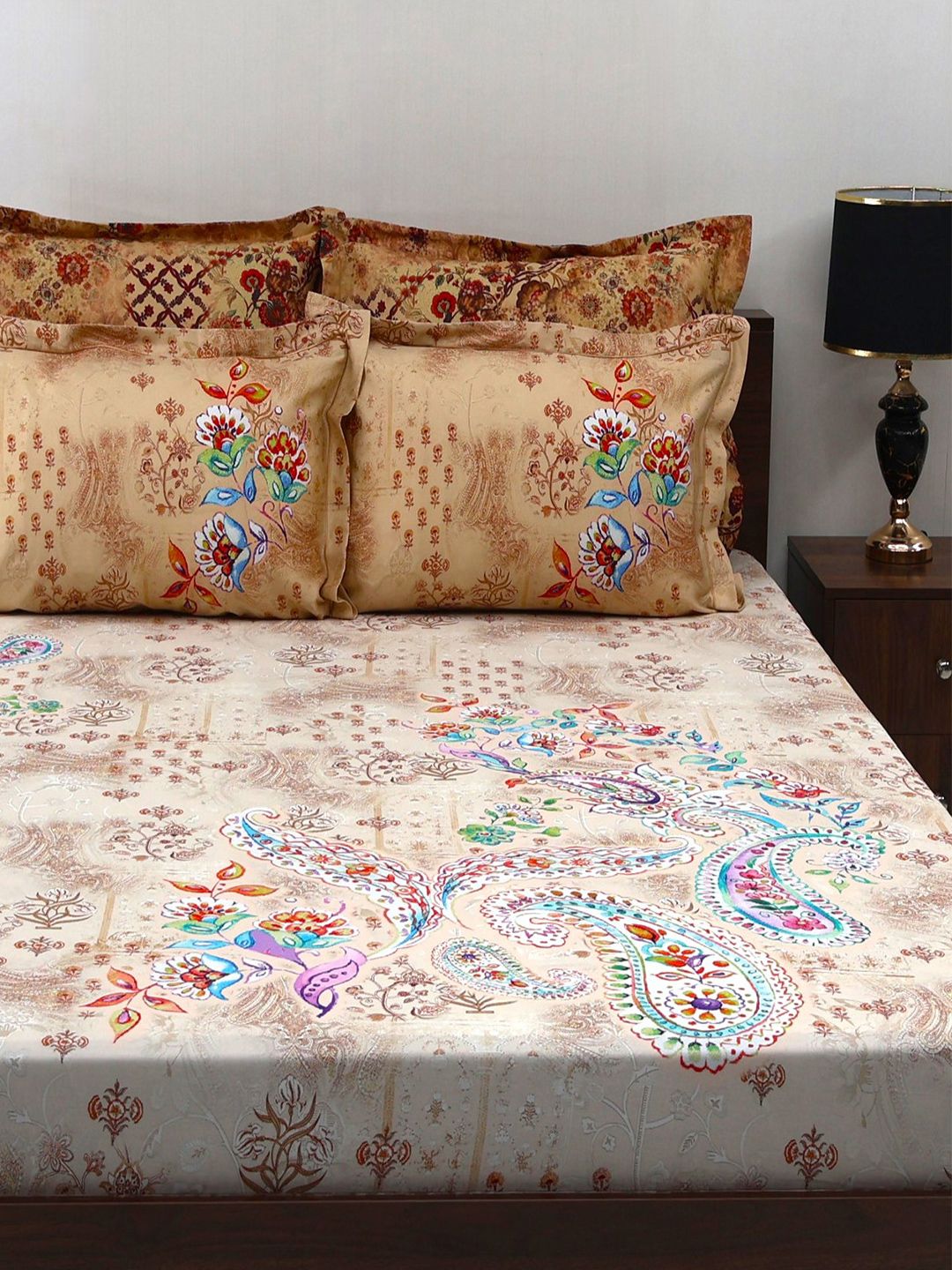 BOMBAY DYEING Ethnicity Beige Ethnic Printed Cotton 300 TC King Bedsheet Set 2.74 x 2.74 m