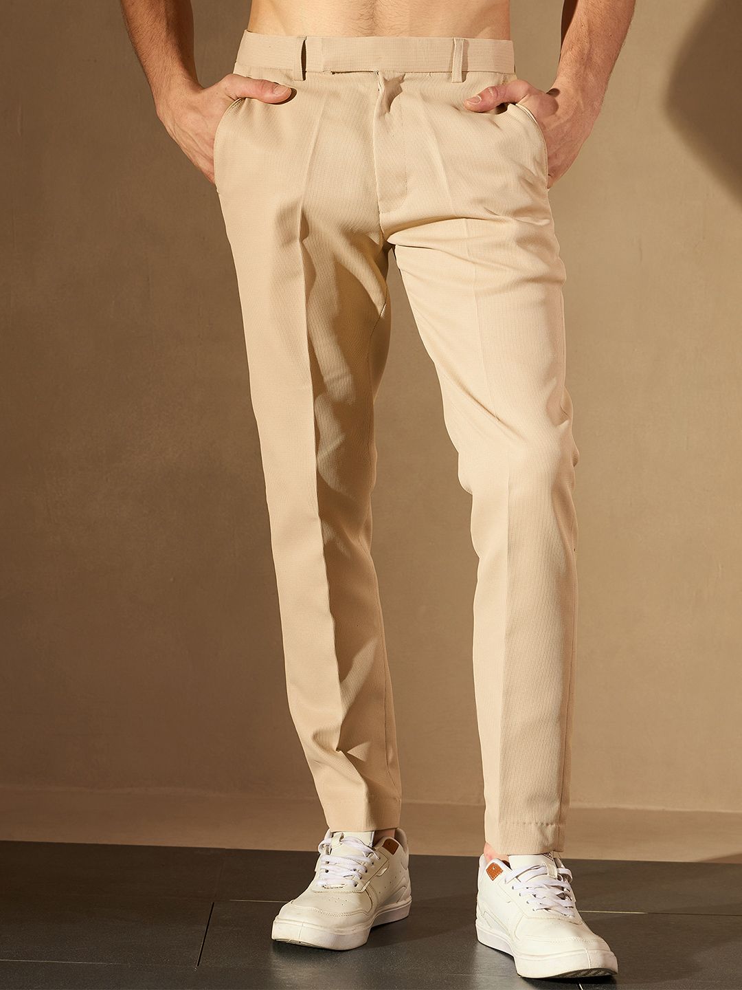 DENNISON Men Beige-Coloured Self Design Tapered Fit Trouser
