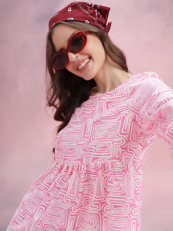 DressBerry Abstract Print Bell Sleeves Ruffled Peplum Top