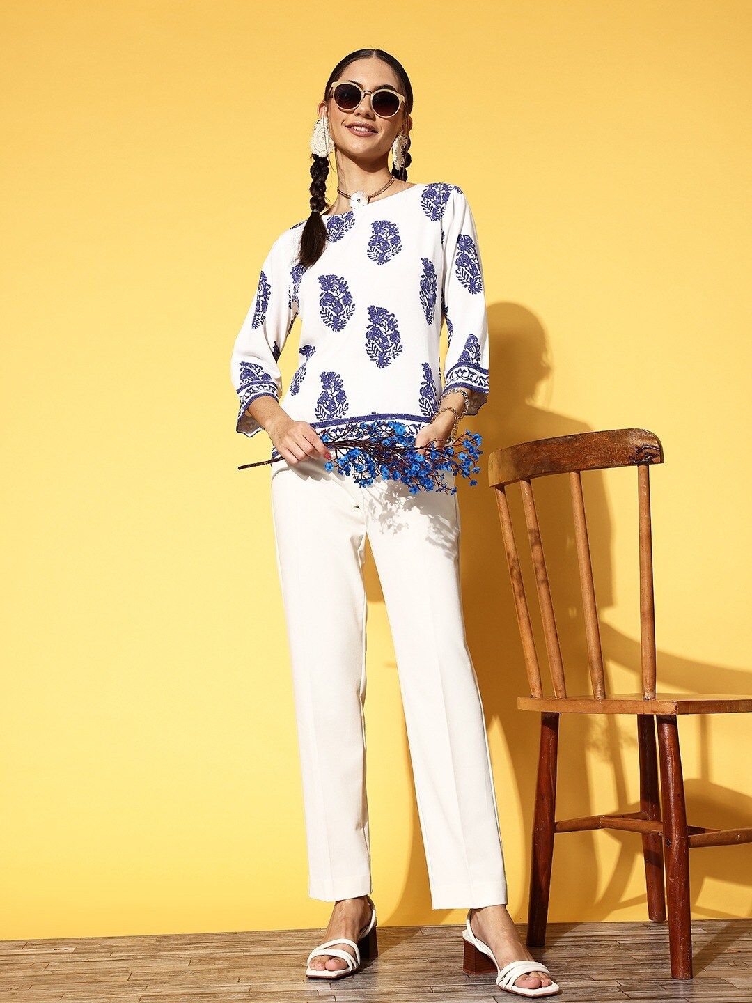 Berrylush Classic White Ethnic Motifs Indie Gal Top