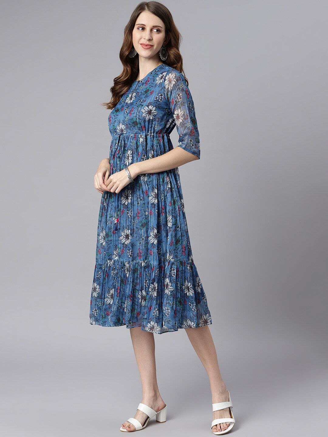 Janasya Floral Printed Flared Dress