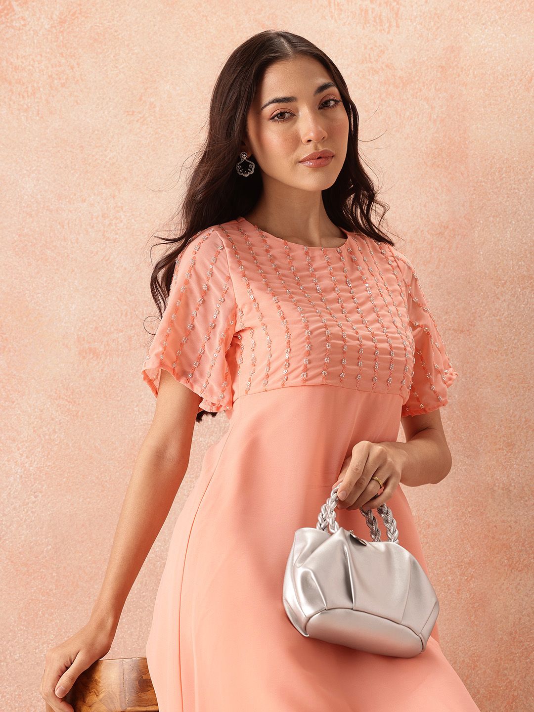 all about you Sequined Flared Sleeves Fit & Flare Dress