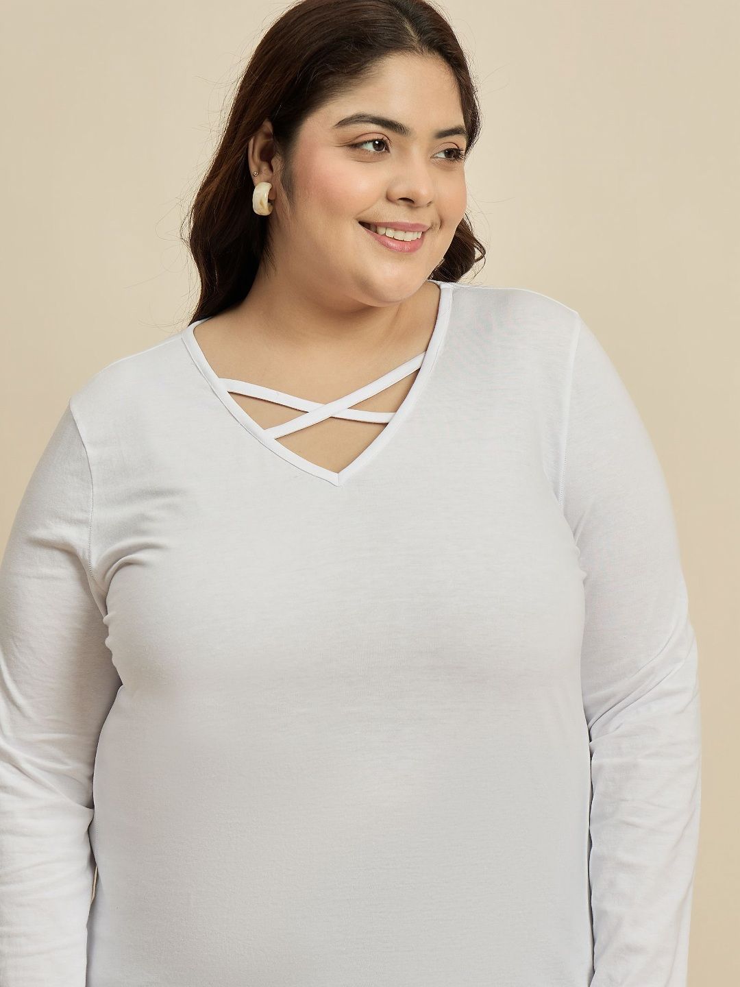 CURVY STREET Women Solid V-Neck Cotton Plus Size T-shirt