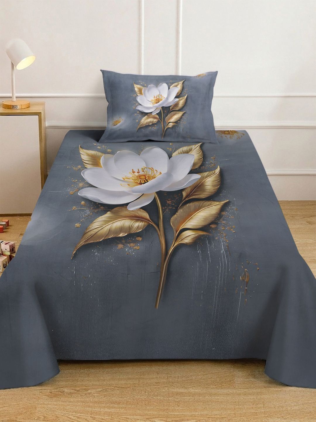 KLOTTHE Grey & White Floral 400 TC Single 7D Bedsheet with 1 Pillow Covers