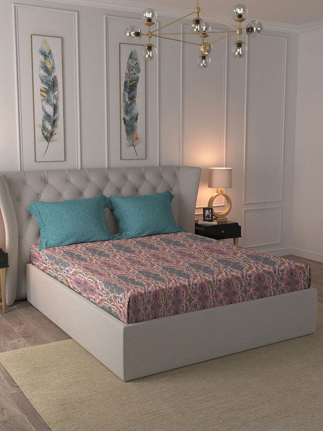 MYTRIDENT Celebration Pink Floral Printed Pure Cotton 144 TC Queen Bedsheet Set 2.28 m x 2.54 m