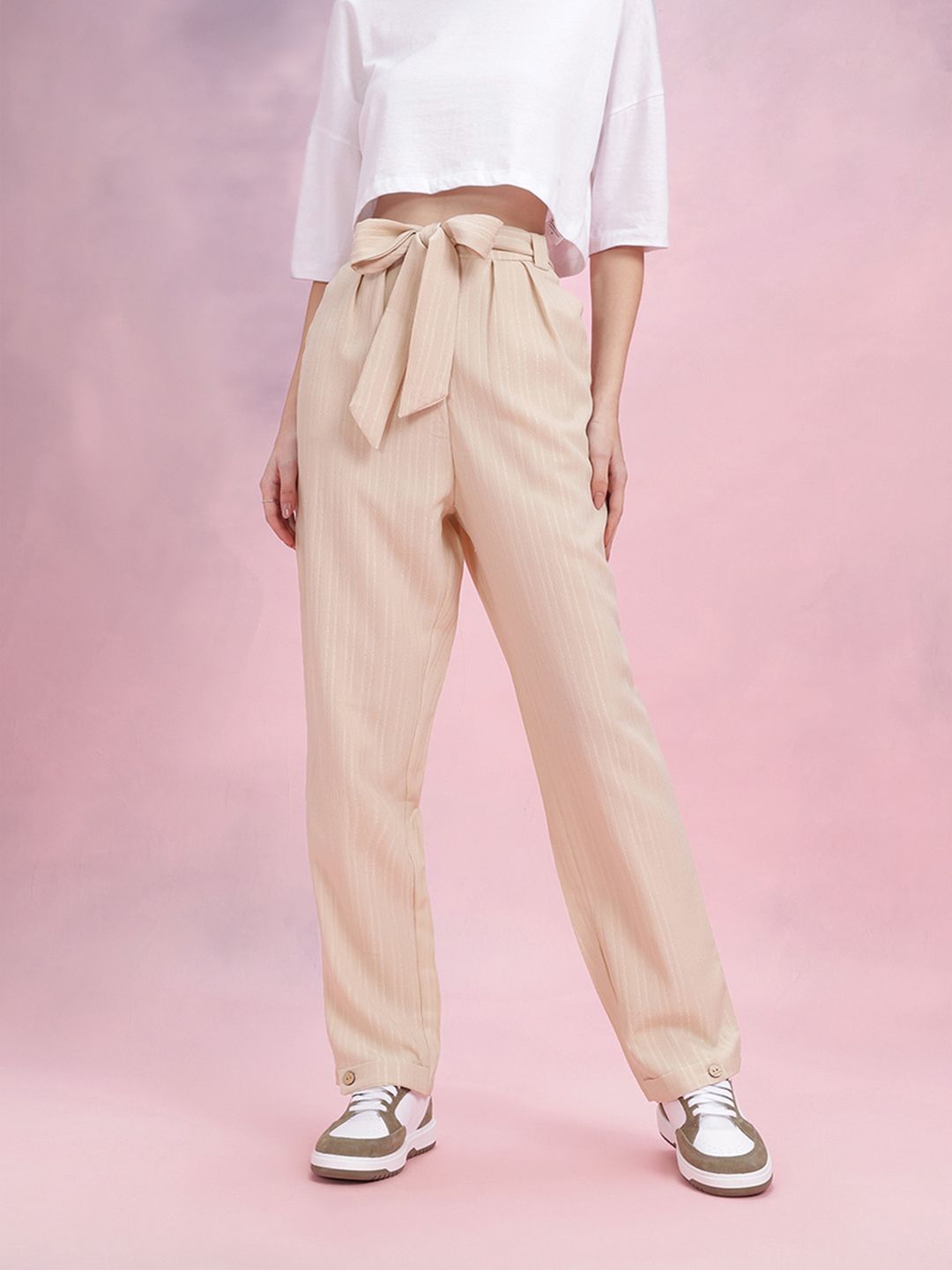 DressBerry Women Self Striped Belted Trousers