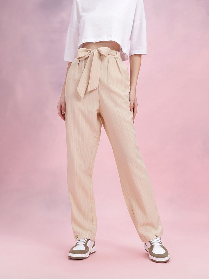 DressBerry Women Self Striped Belted Trousers