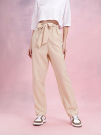 DressBerry Women Self Striped Belted Trousers