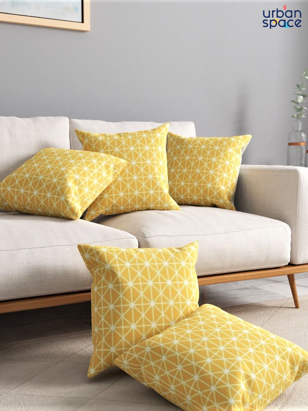 URBAN SPACE Yellow & White Pack of 5 Printed Square Cushion Covers