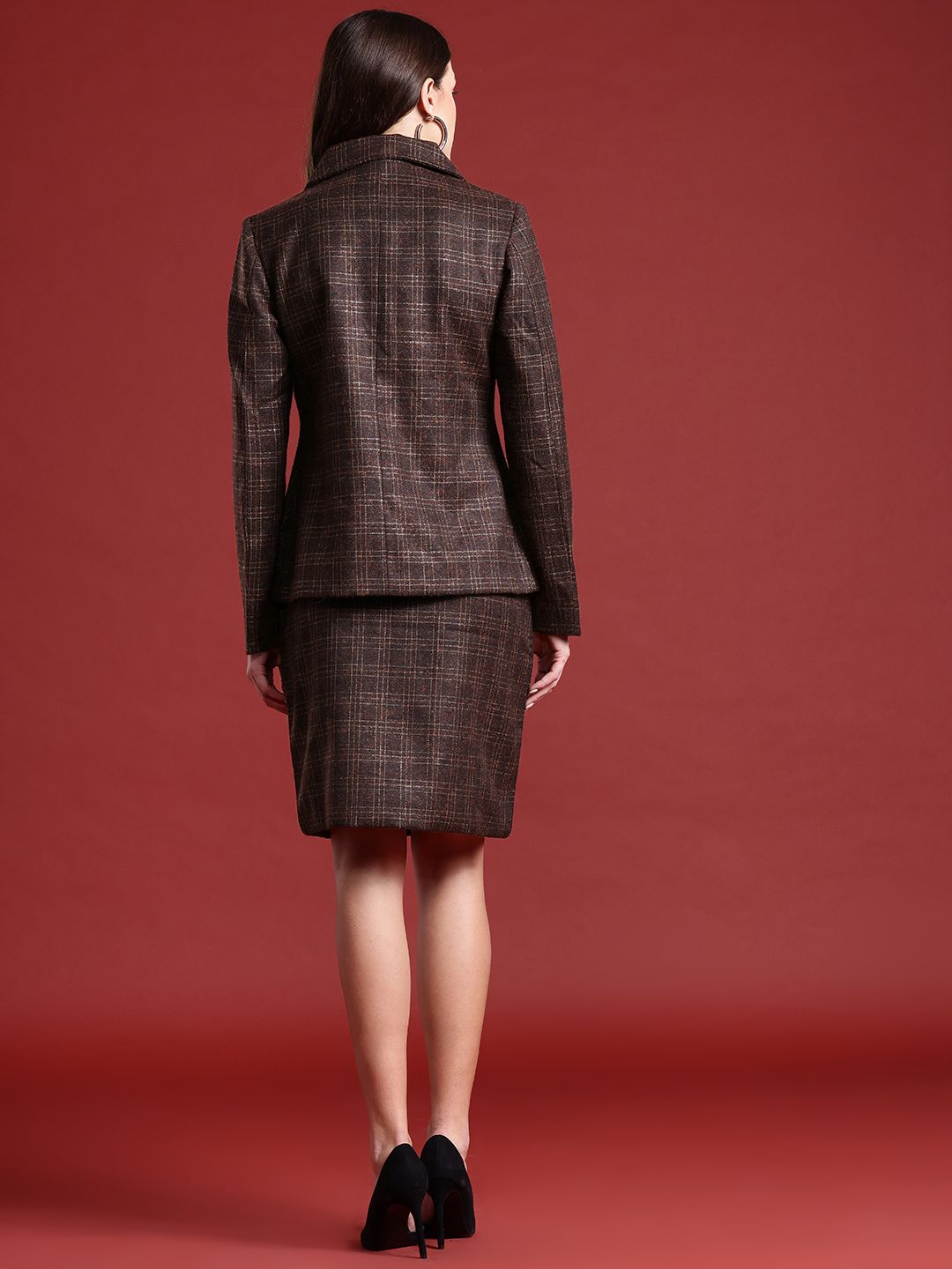 all about you Self Design Checked Blazer with Skirt