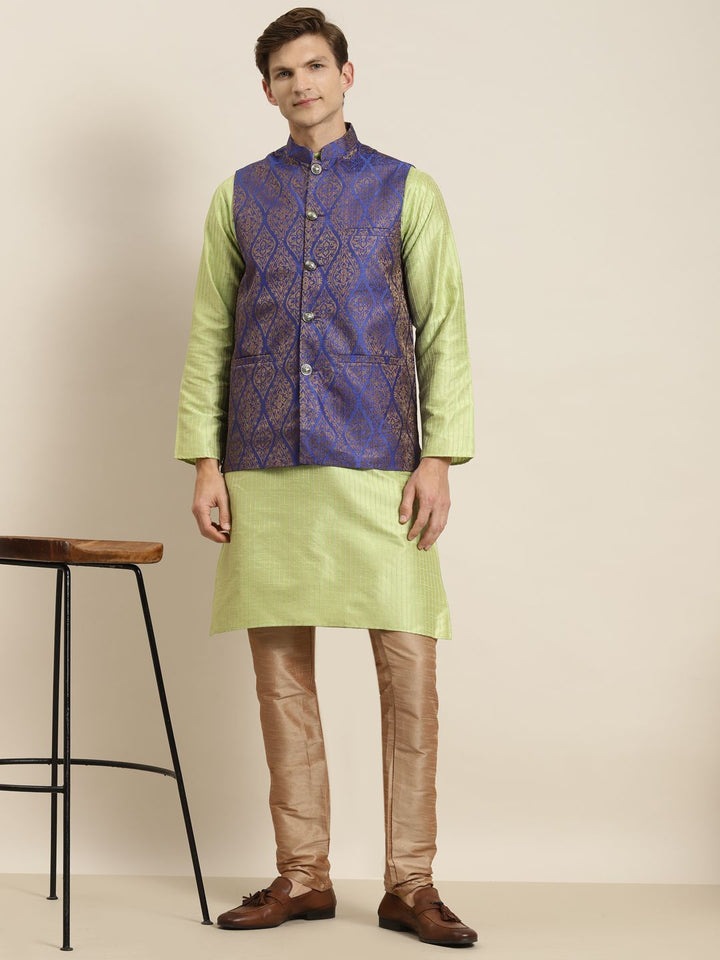 SOJANYA Men Lime Green Striped Kurta with Churidar & Nehru Jacket