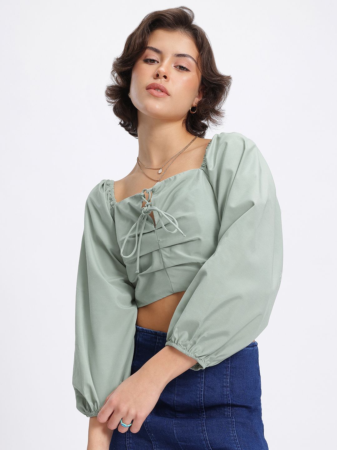 DressBerry Matcha Magic Pleated Smocked Crop Top