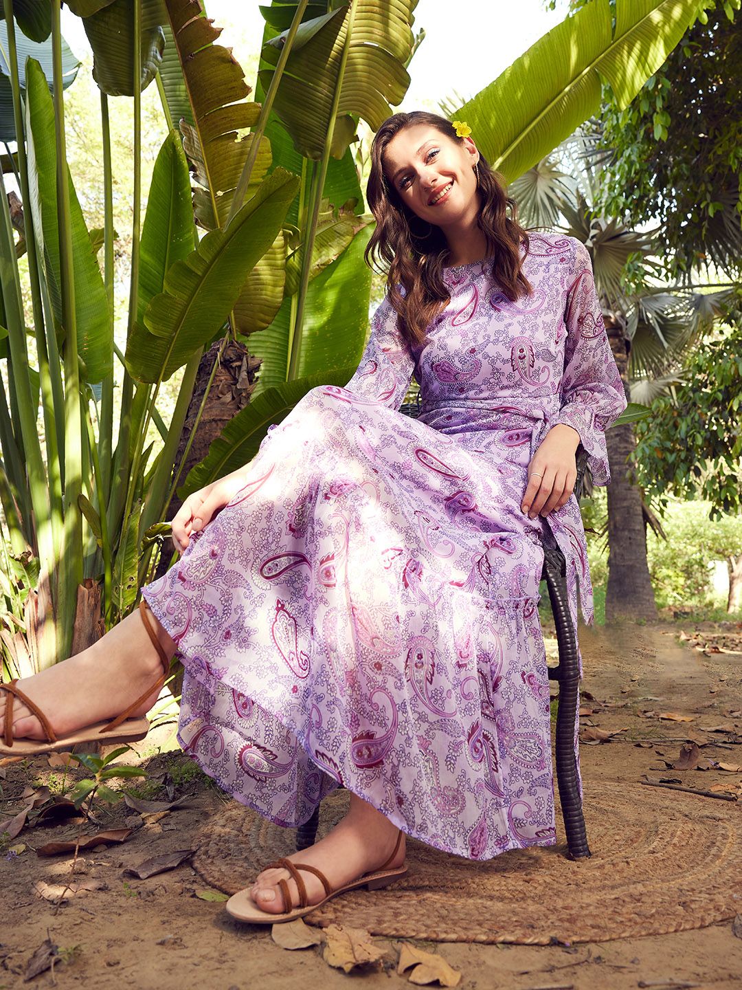 STREET 9 Lavender Floral Printed Puff Sleeves Tiered Maxi Dress With Belt