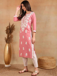 KALINI Floral Embroidered Notch Neck Chikankari Straight Kurta