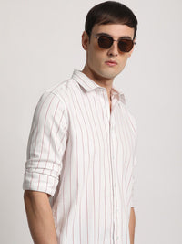 THE BEAR HOUSE Slim Fit Vertical Stripes Twill Spread Collar Casual Shirt