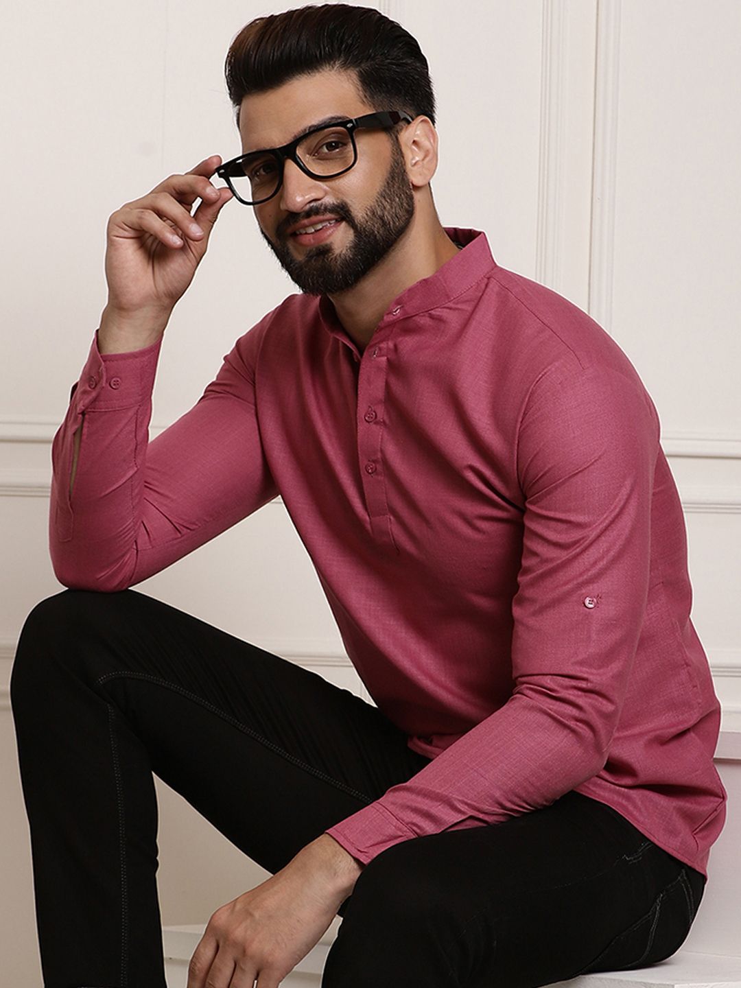 Anug by SOJANYA Men Dark Coral Mandarin Collar Kurta