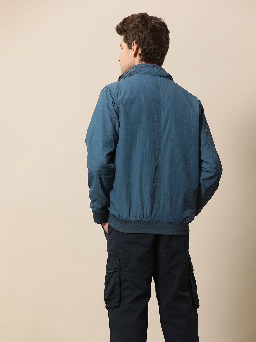 Mr Bowerbird Men Navy Blue Lightweight Solid Hooded Bomber Jacket