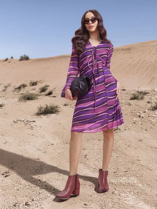 DressBerry Printed Tie-Up Net A-Line Dress