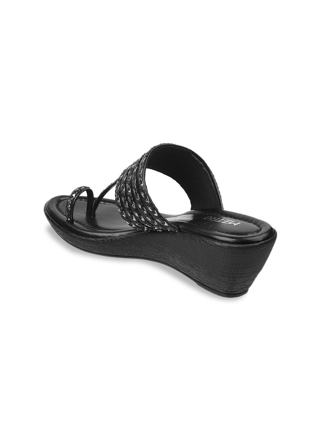 Metro Women Black Embellished Open Toe Wedges