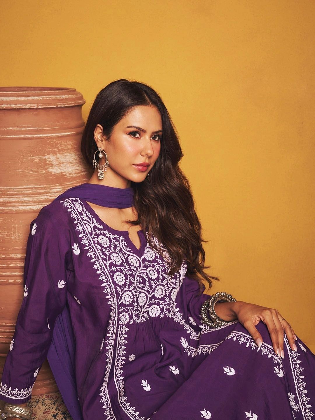 House of Chikankari Sonam Purple Chanderi Set Kurta Chikankari Dengan Dupatta