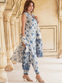 KALINI Floral Printed V-Neck Pure Cotton Straight Kurta & Trousers With Dupatta