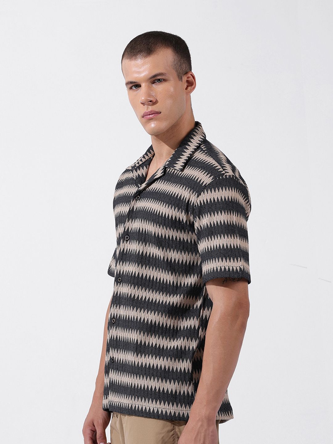 The Indian Garage Co Men Relaxed Fit Textured Crochet Knit Resort Wear Shirt