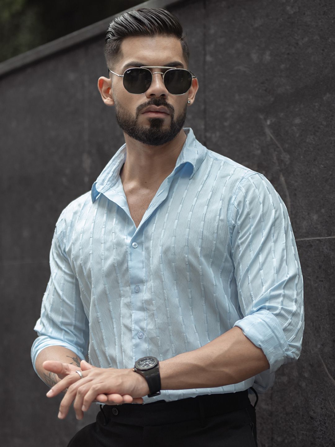 Powerlook Men Spread Collar Vertical Striped Casual Shirt