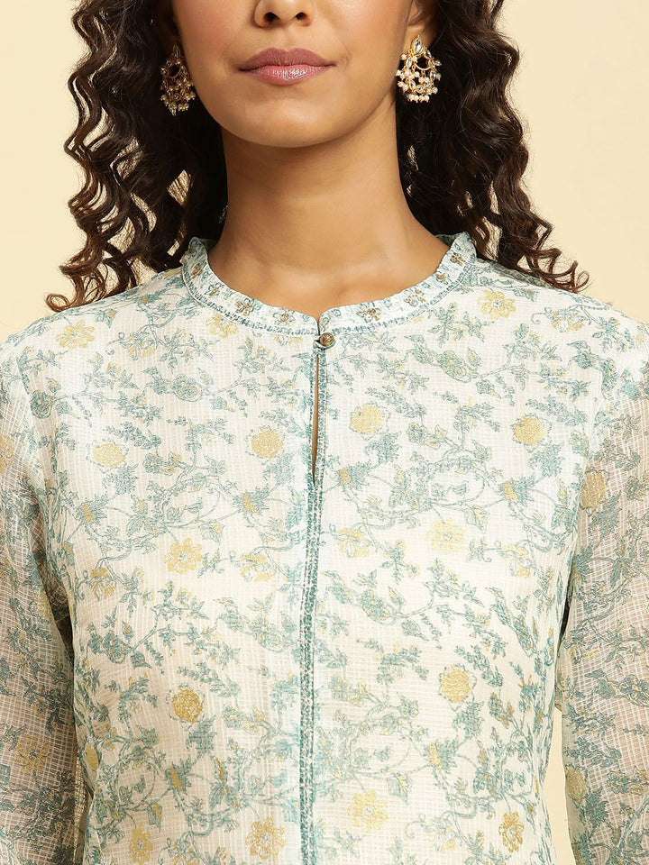 W Floral Printed Band Collar A-Line Kurta