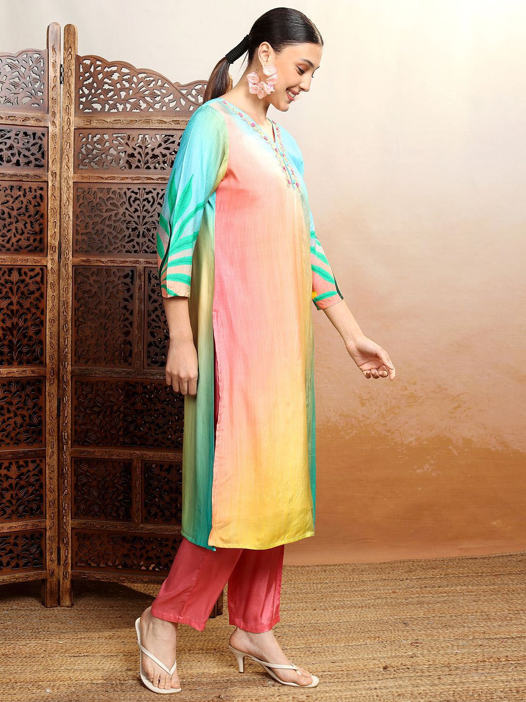 Vishudh Orange Ombre Printed Thread Work Straight Holi Kurta With Trousers & Dupatta