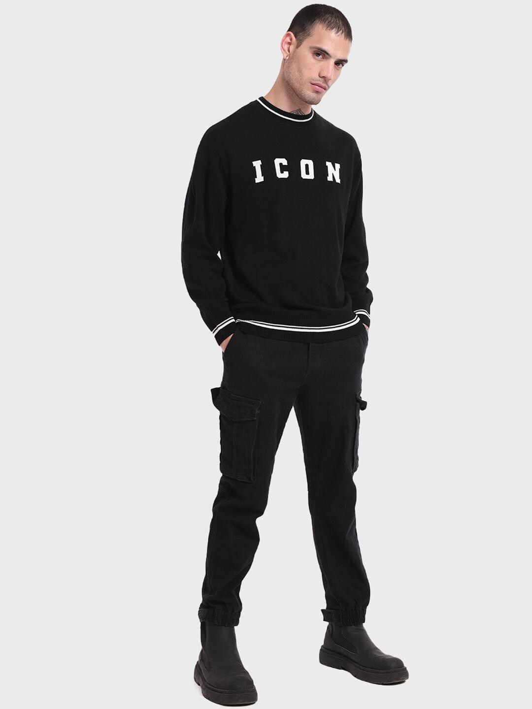 Bewakoof Men Jet Black ICON Typography Oversized Sweater
