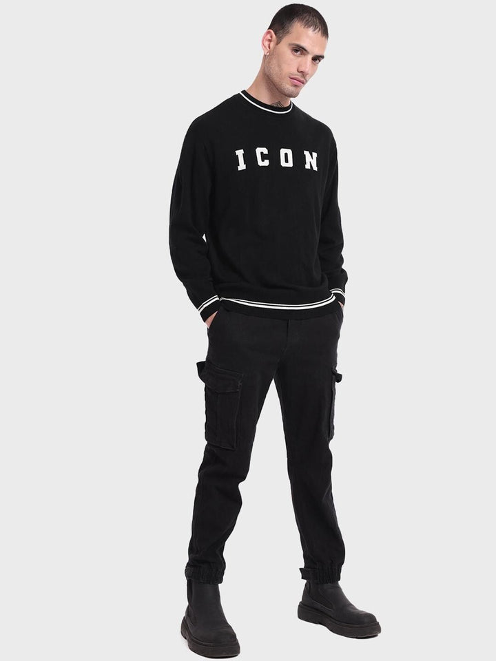 Bewakoof Men Jet Black ICON Typography Oversized Sweater