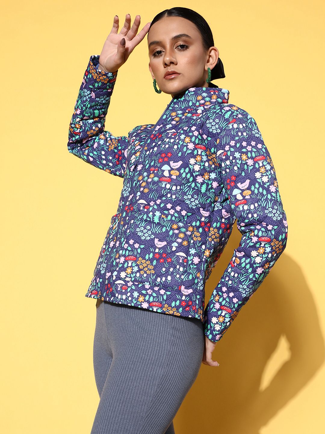 SASSAFRAS Women Purple & White Floral Print Padded Jacket