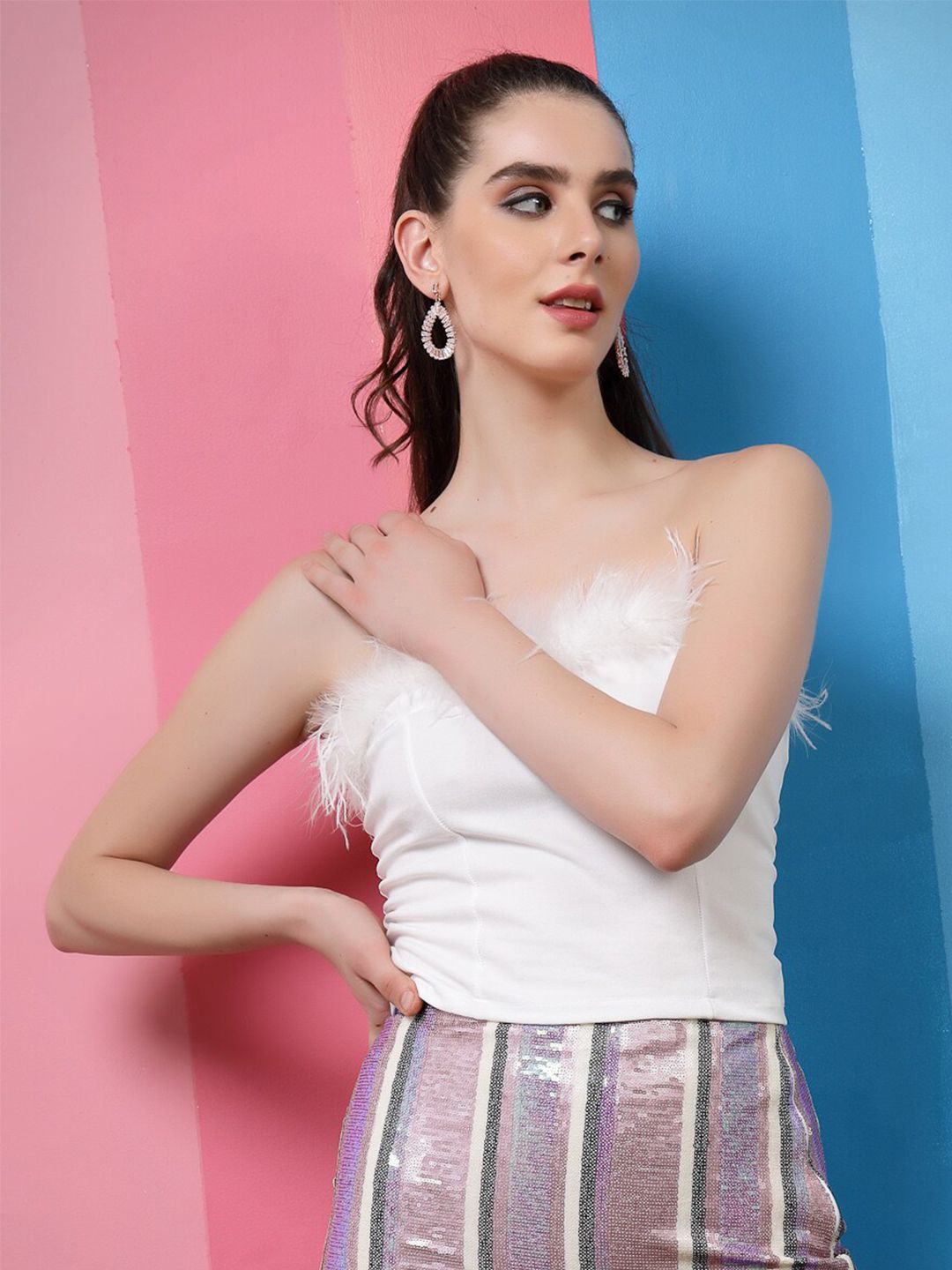 Athena Strapless Faux Fur Trim Tie-Ups Detail Tube Top