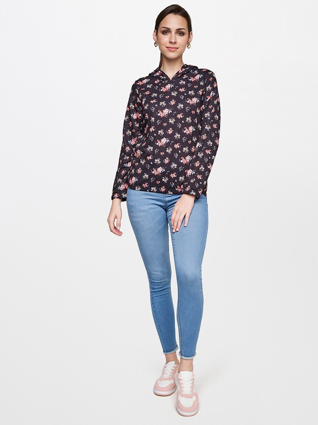 AND Women Black & Peach Floral Print T-Shirt